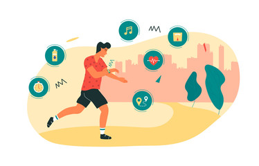 Running man listening to the music with smartwatch or fitness tracker activity band on his wrist. Modern wristlet wireless device, tracking distance walked and speed, heartbeat, water balance, weight.