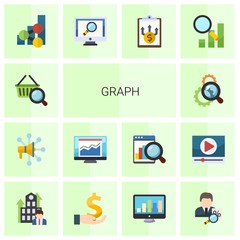 14 graph flat icons set isolated on white background. Icons set with Marketing research, Advertising Networks, statistics, Search optimization, social media trends, analytics app icons.