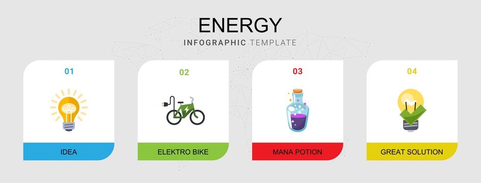 4 energy flat icons set isolated on infographic template. Icons set with Idea, elektro bike, mana potion, great solution icons.