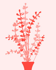 Red twigs with leaves in vase vector flat illustration. Happy spring Day, Woman day, discount design template.