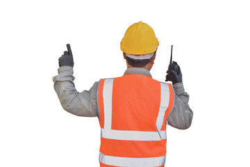 worker with Hand holding walkie-talkie isolated on white background with clipping paths.