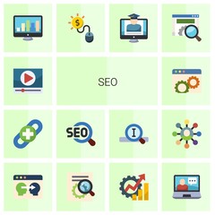 14 seo flat icons set isolated on white background. Icons set with Video marketing, link building, SEO, Website optimization, SEO monitoring, Pay per click, eCommerce Strategy icons.