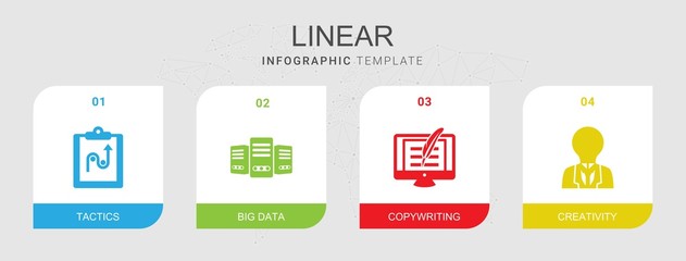4 linear filled icons set isolated on infographic template. Icons set with tactics, Big data, Copywriting, creativity icons.