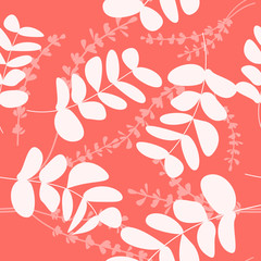 Leaves seamless pattern. Vector flat illustration of branches with leaves on red background.