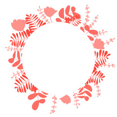 Fototapeta na wymiar Round card decorated with red leaves and flowers in a flat style.