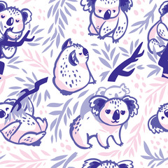 Seamless pattern with hand drawn koalas in the eucalyptus forest