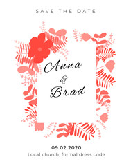 Wedding invitation design in flat style. Rectangular card decorated with red leaves and flowers.