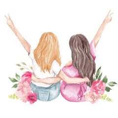 Watercolor illustration with spring girls and elegant flowers, isolated onwhite background