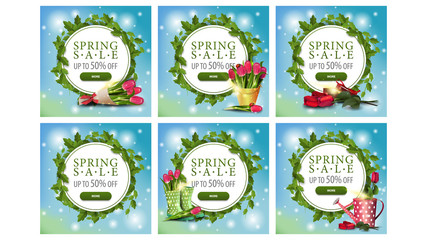 Spring sale, up to 50% off, set of spring round white discount banners with a frame of vines and leaves, buttons and flowers