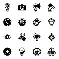 16 light filled icons set isolated on white background. Icons set with innovation, Photo services, Creative campaign, moon, Creative process, comet, vision, Brain storm icons.