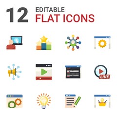 12 website flat icons set isolated on white background. Icons set with eCommerce platform, Ranking, Affiliate marketing, Advertising Networks, media player, software, Website optimization icons.