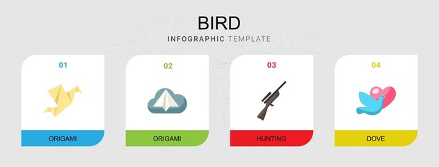 4 bird flat icons set isolated on infographic template. Icons set with Origami, Hunting, dove icons.
