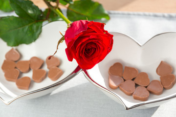 Red rose and chocolate hearts for Valentines Day