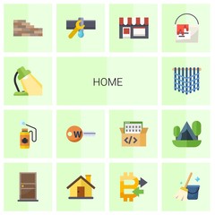 14 home flat icons set isolated on white background. Icons set with Table lamp, Disinfection service, Keyword, macrame, brickwork, Plumbing service, Small business, paint bucket icons.