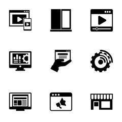 9 window filled icons set isolated on white background. Icons set with Adaptive Streaming, media player, Accounting software, web services, Streaming software, layout, Promo website icons.