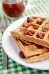 Cardamom Carrot Waffles with Maple Raisin Syrup