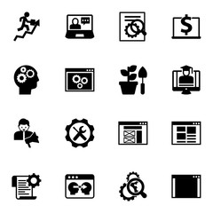 16 development filled icons set isolated on white background. Icons set with career growth, eCommerce solutions, SEO optimization, Cognitive Science, back end, Gardening icons.