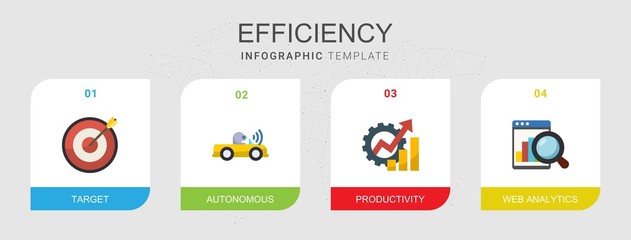 4 efficiency flat icons set isolated on infographic template. Icons set with Target, Autonomous, Productivity, Web analytics icons.