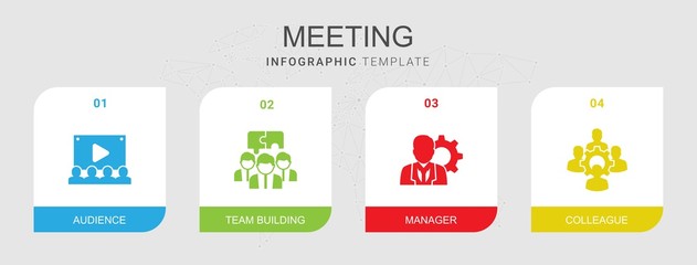 4 meeting filled icons set isolated on infographic template. Icons set with Audience, Team building, manager, colleague icons.