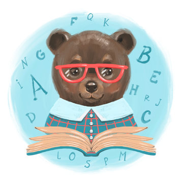 Cute bear with glasses and book on a white background