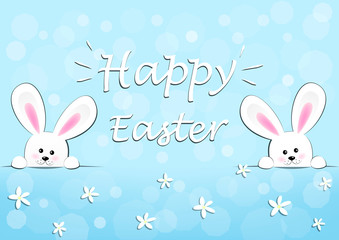 happy easter card, two funny bunnies on a blue background horizontal vector illustration
