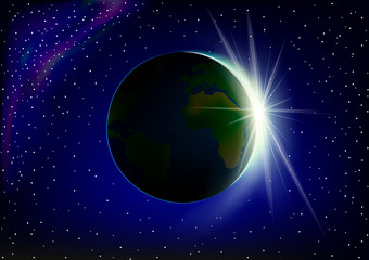 bright sunrise on Earth, view from space, horizontal vector illustration