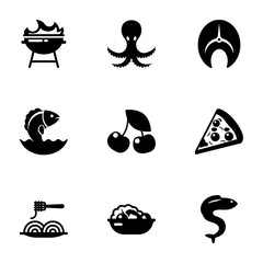 9 food filled icons set isolated on white background. Icons set with BBQ Grill, octopus, salmon, Seafood, cherry, Pizza, Pasta, Salad, eel icons.