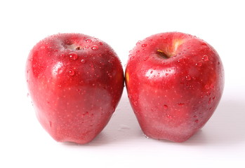 Red apple with water drops isolated on white background.