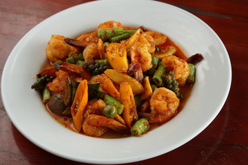 Close-up  OF FRIED CHILLI CURRY PAST WITH PRAWNS.Thailand food Thai style.