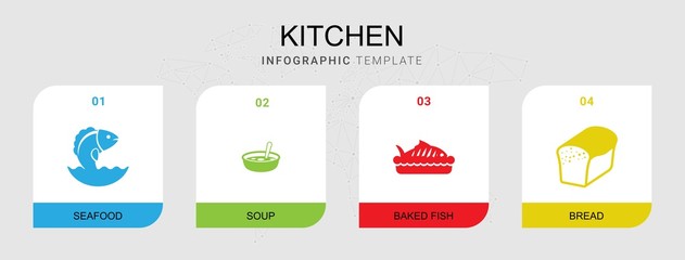4 kitchen filled icons set isolated on infographic template. Icons set with Seafood, Soup, baked fish, bread icons.