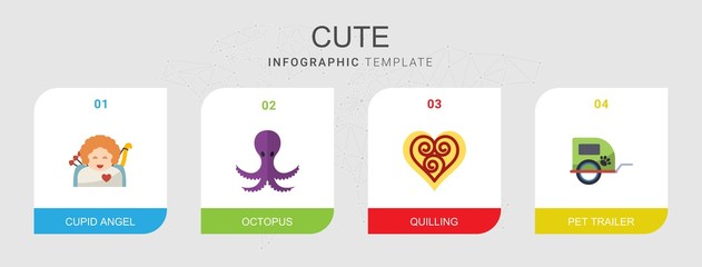 Fototapeta na wymiar 4 cute flat icons set isolated on infographic template. Icons set with cupid angel, octopus, Quilling, pet trailer icons.