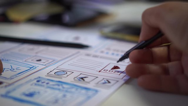 UI / UX prototype Designer web development website template design for user ui application on paper framework layout for smartphone. Document design software ux architect developer project mobile apps