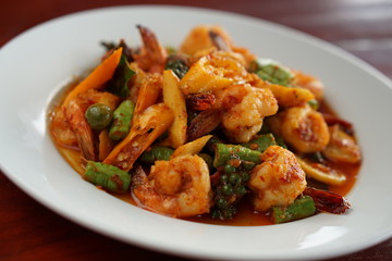 Close-up  OF FRIED CHILLI CURRY PAST WITH PRAWNS.Thailand food Thai style.