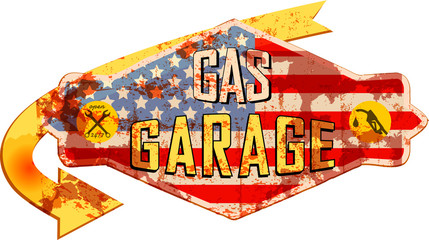 Obraz premium old battered vintage garage and gas station sign,super grungy retro style vector