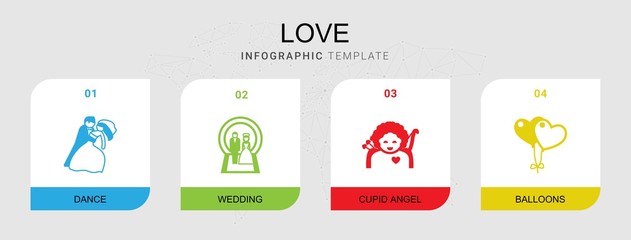 Fototapeta na wymiar 4 love filled icons set isolated on infographic template. Icons set with dance, Wedding, cupid angel, balloons icons.