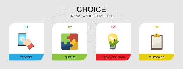 4 choice flat icons set isolated on infographic template. Icons set with testing, Puzzle, great solution, Clipboard icons.