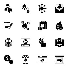 16 advertising filled icons set isolated on white background. Icons set with social media specialist, Pay per click, Advertising Networks, SEO copywriting, Social media marketing icons.