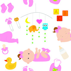 Seamless pattern Cute newborn kids girl vector drawing