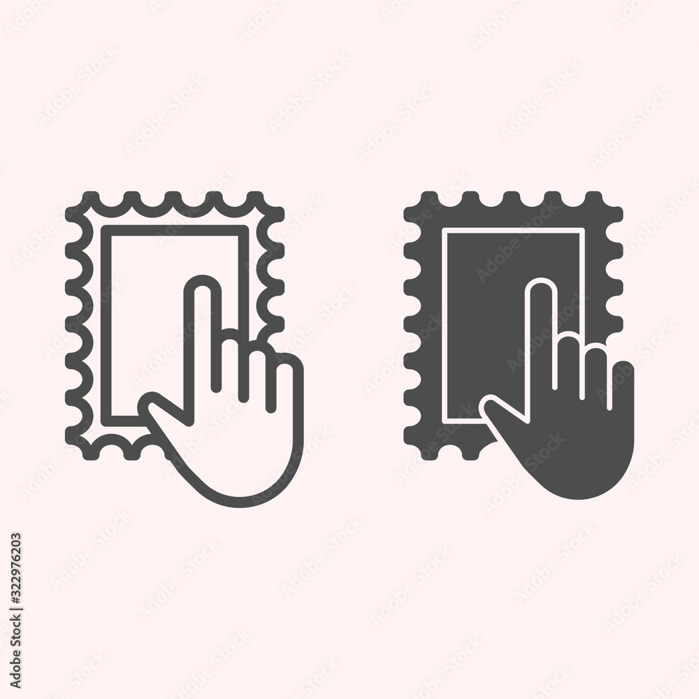 Poster post mark with hand line and glyph icon. glue sticker and pointer. postal service vector design conc