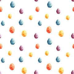 Seamless easter pattern consisting of colorful eggs. Watercolor easter eggs on white background. Wrapping, scrapbooking