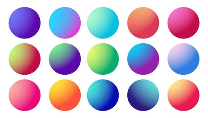 Circle gradient. Neon sphere set. Holographic round trendy multicolor buttons. Vector modern futuristic web element. Cool rounded fluids.