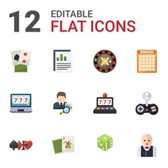 12 risk flat icons set isolated on white background. Icons set with poker, Annual report, roulette, online casino, tax consultant, Bingo, gambling, Joker, dice, Croupier icons.