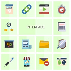 14 interface flat icons set isolated on white background. Icons set with Algorithm, back end, News Feed, Sheet, Landing page, link building, media player, deadline, Pen icons.