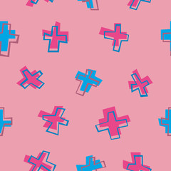 A Seamless pattern with abstract crosses on a pink background for children and baby and print on fabric, a random vector stock illustration in the 90s style like a bubble gum
