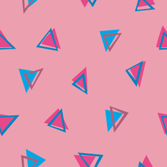 A Seamless pattern with abstract doodle triangles on a pink background for children and baby, a random 90s vector stock illustration for printing on textiles