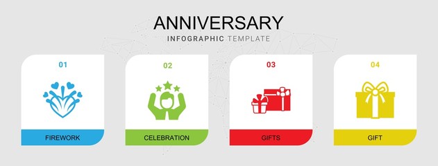 4 anniversary filled icons set isolated on infographic template. Icons set with firework, celebration, gifts, gift icons.