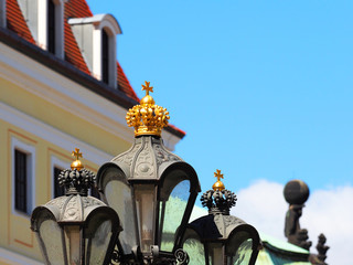 Lanterns with crowns. Street old wrought iron lamp, Dresden, Germany
