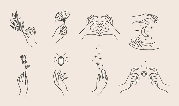 A set of women's hand logos in a minimalistic linear style. Vector design templates or emblems in various gestures.