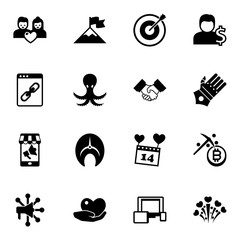 Obraz premium 16 illustration filled icons set isolated on white background. Icons set with couple, attainment, Target, Web Link, octopus, Partnership, Mobile marketing, salmon, Account icons.