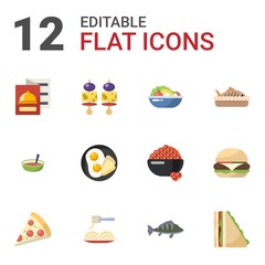 12 eat flat icons set isolated on white background. Icons set with restaurant menu, starters, Salad, Soup, breakfast, baked fish, Pizza, Pasta, perch, sandwich, burger icons.